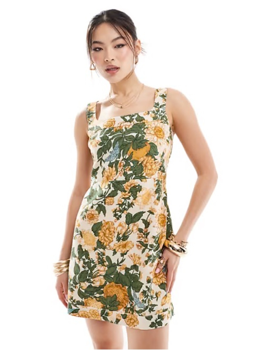 Abercrombie & Fitch Cream Floral Mini Dress with Green and Yellow Print